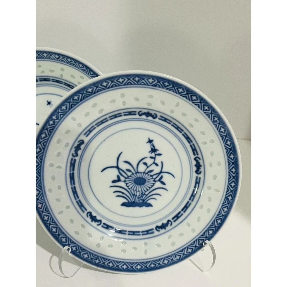 Jingdezhen Rice Eye Grain 6 Inch Desert Plates White & Blue Porcelain  Set of 4